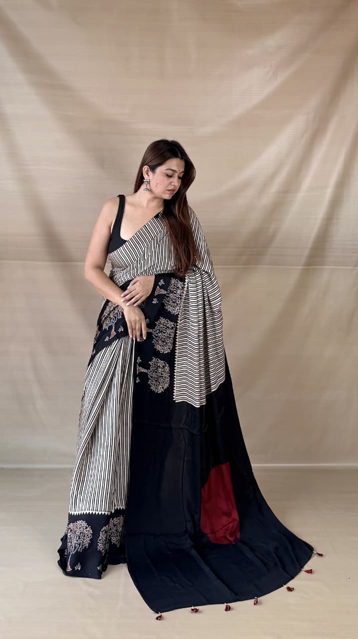 Pure Modal SilK Ajrakh HandBlock Print Natural Dye  Saree.