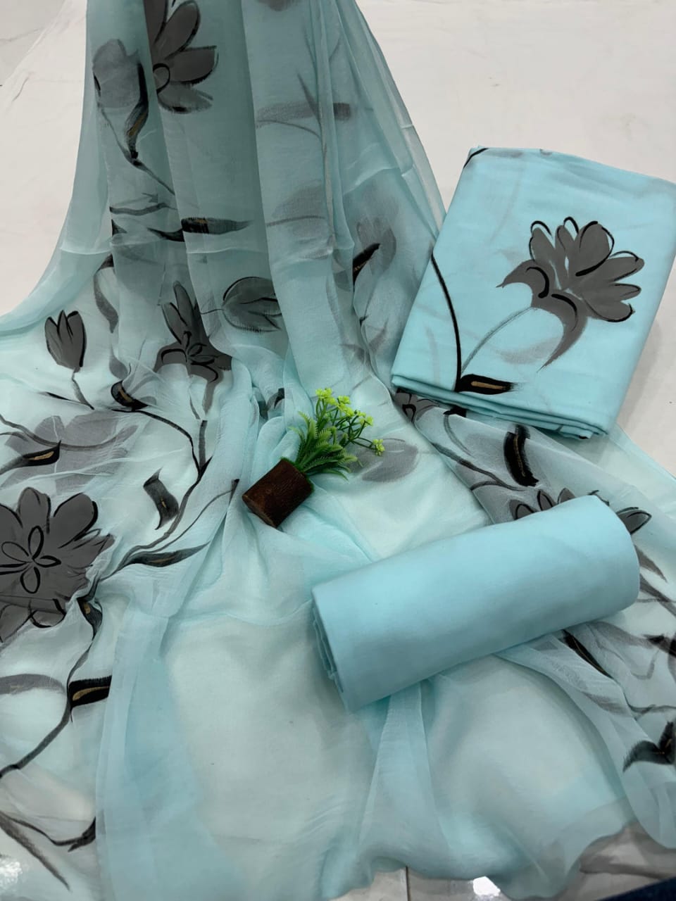 Pure Cotton Hand Block Print Unstitched Suit With Chiffon Dupatta .