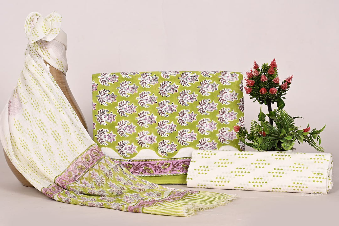 Pure Cotton Hand Block Print Unstitched Suit With Chiffon Dupatta .