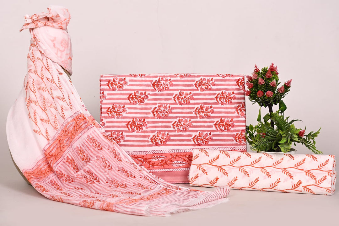 Pure Cotton Hand Block Print Unstitched Suit With Chiffon Dupatta .