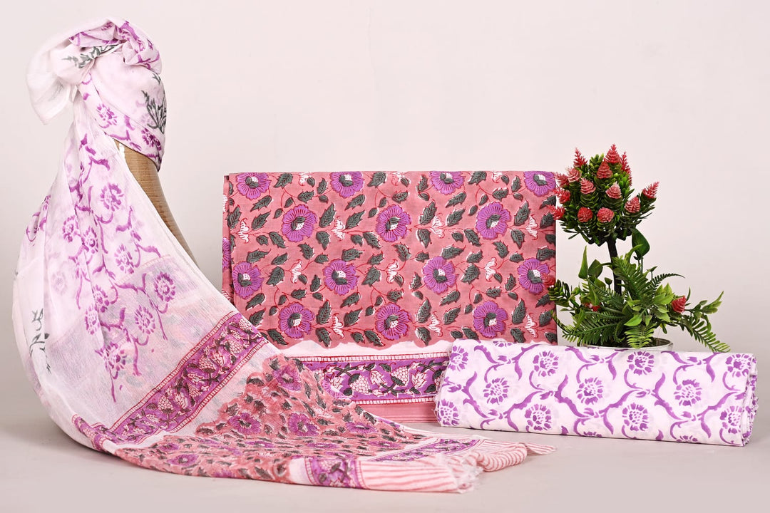 Pure Cotton Hand Block Print Unstitched Suit With Chiffon Dupatta .