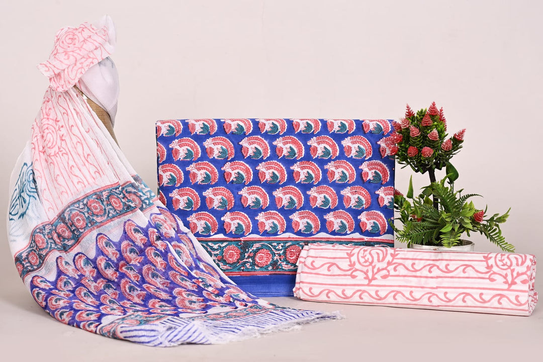 Pure Cotton Hand Block Print Unstitched Suit With Chiffon Dupatta .