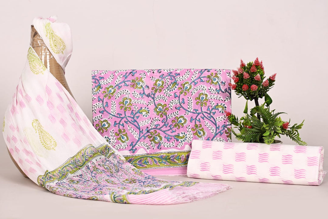 Pure Cotton Hand Block Print Unstitched Suit With Chiffon Dupatta .