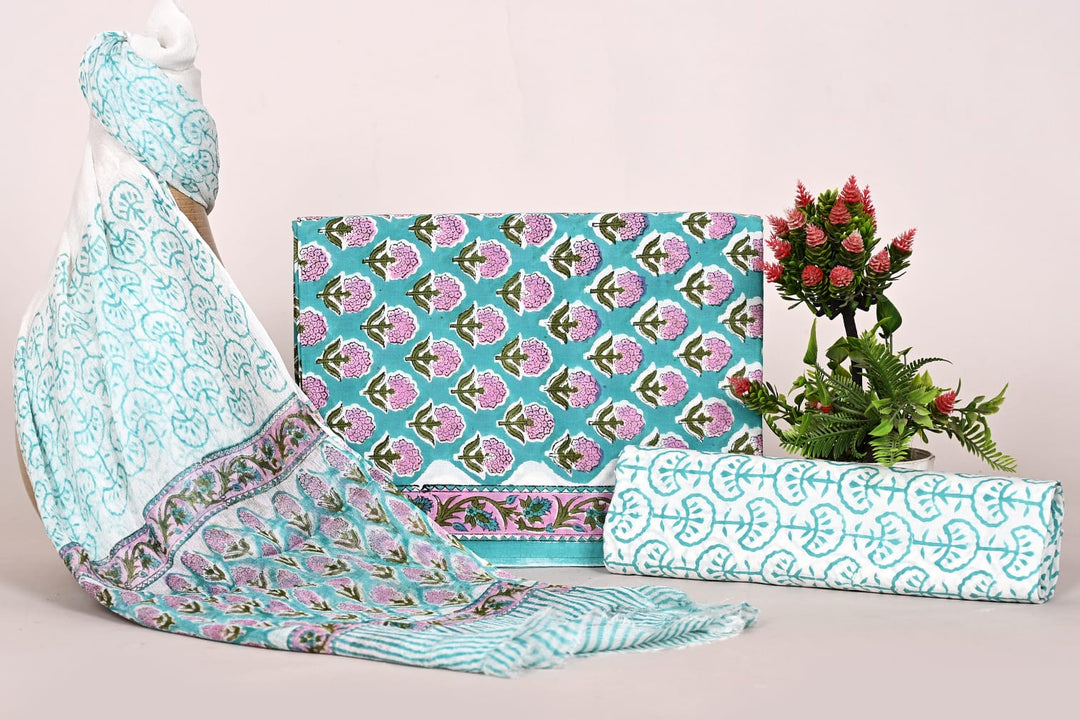 Pure Cotton Hand Block Print Unstitched Suit With Chiffon Dupatta .