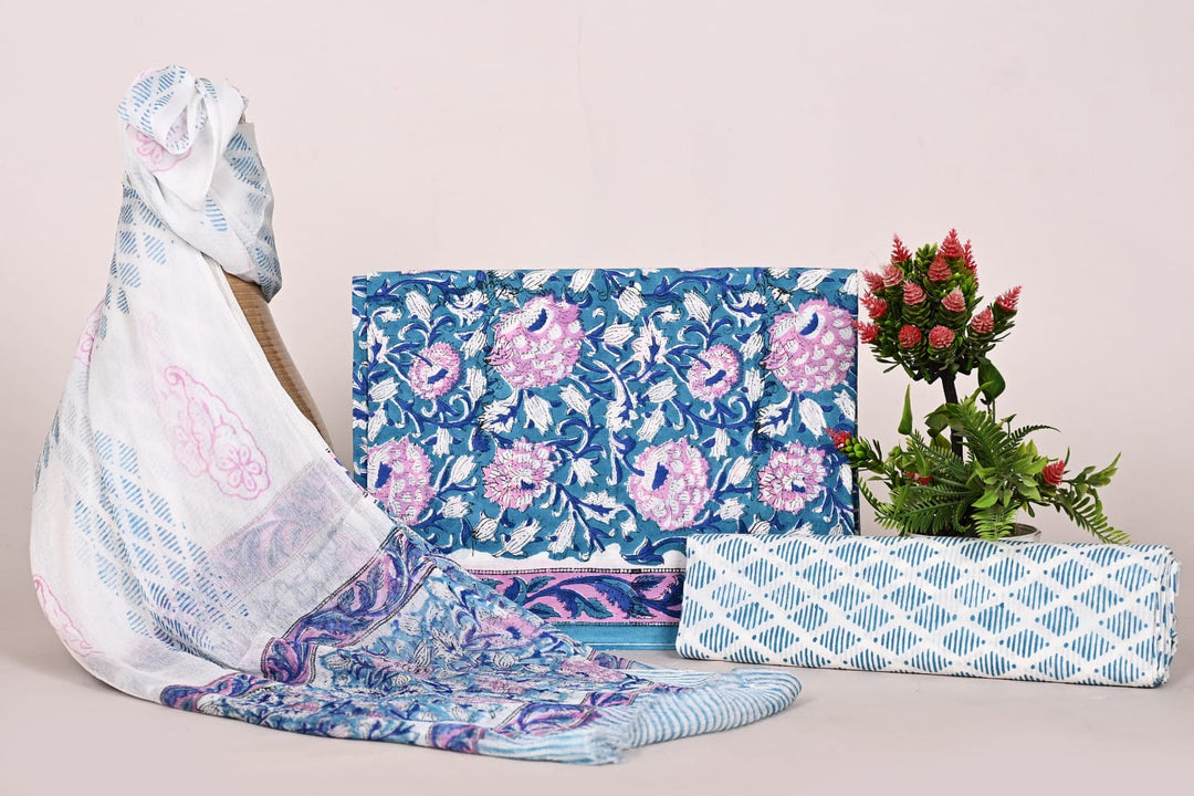Pure Cotton Hand Block Print Unstitched Suit With Chiffon Dupatta .