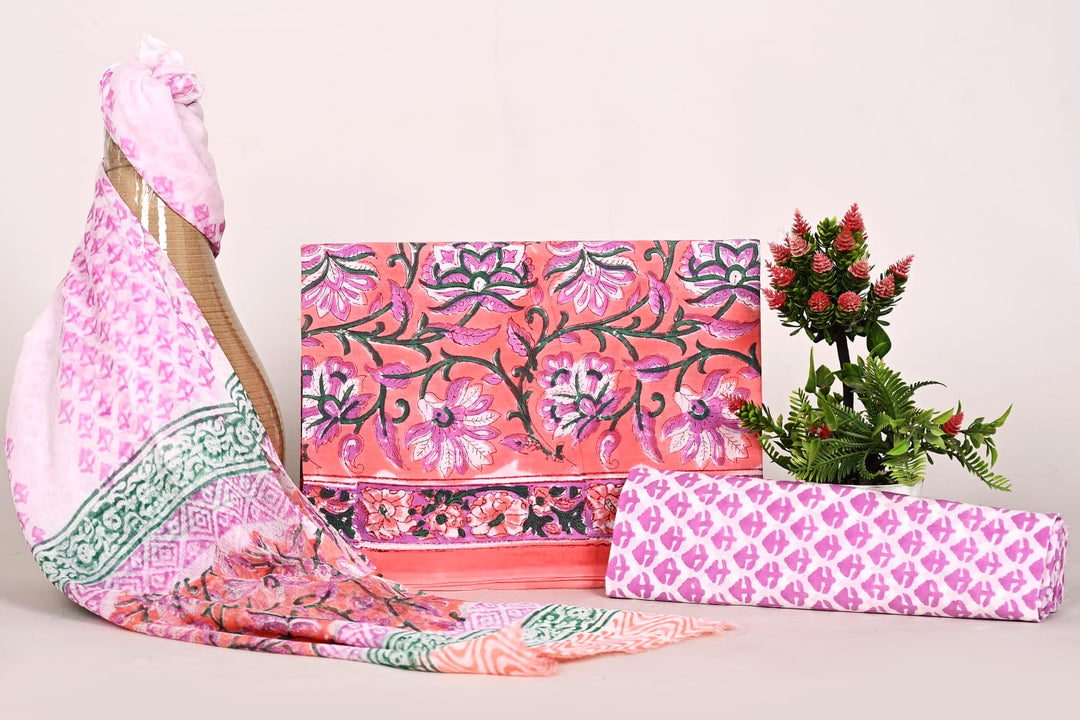 Pure Cotton Hand Block Print Unstitched Suit With Chiffon Dupatta .