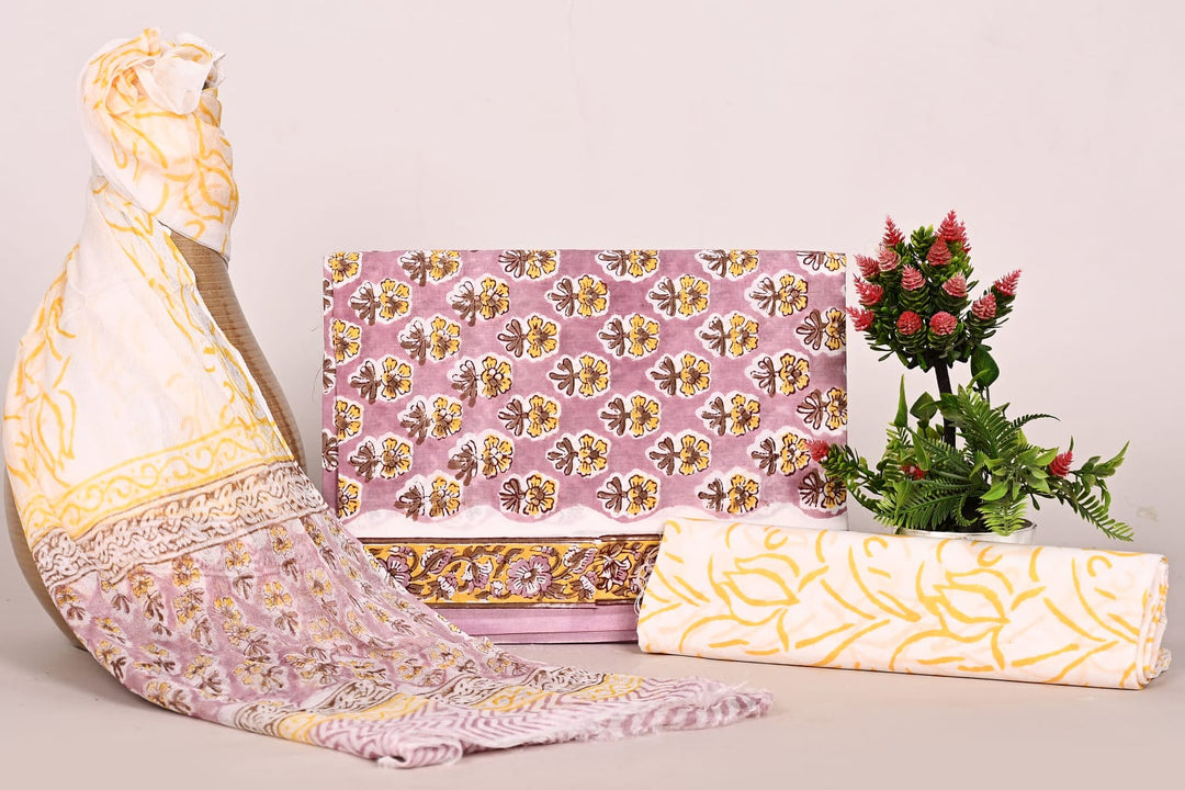 Pure Cotton Hand Block Print Unstitched Suit With Chiffon Dupatta .