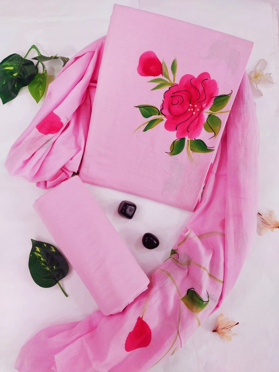 Pure Cotton Hand Block Print Unstitched Suit With Chiffon Dupatta .