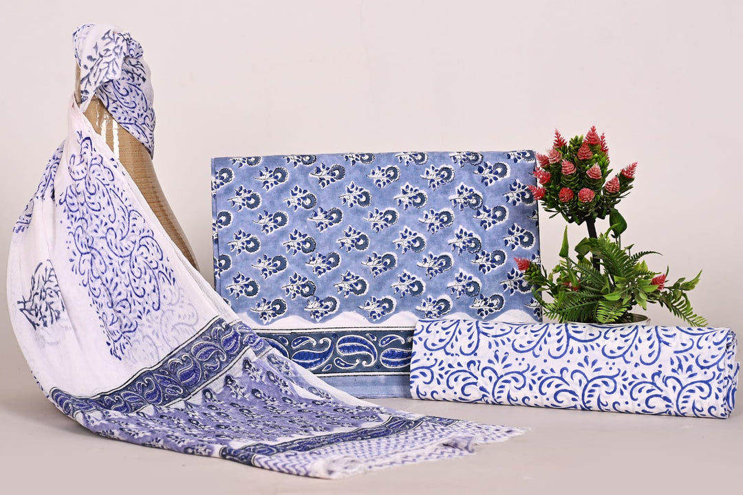 Pure Cotton Hand Block Print Unstitched Suit With Chiffon Dupatta .