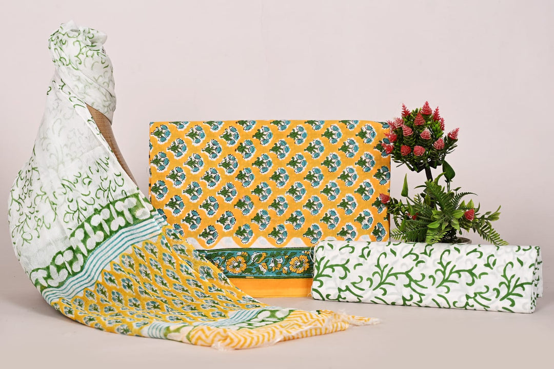 Pure Cotton Hand Block Print Unstitched Suit With Chiffon Dupatta .