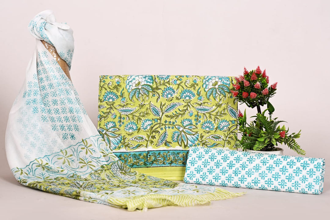 Pure Cotton Hand Block Print Unstitched Suit With Chiffon Dupatta .