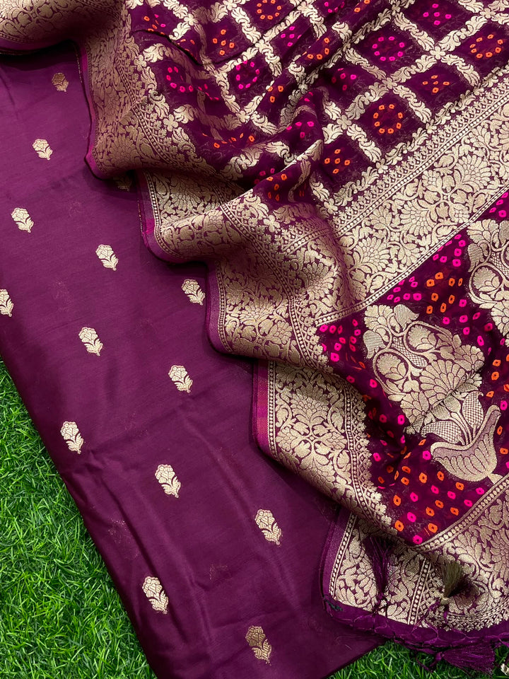 Pure Banarasi Chanderi Silk Buti Work Unstitched Suit With Banarasi Georgette Bandhani Heavy Dupatta.