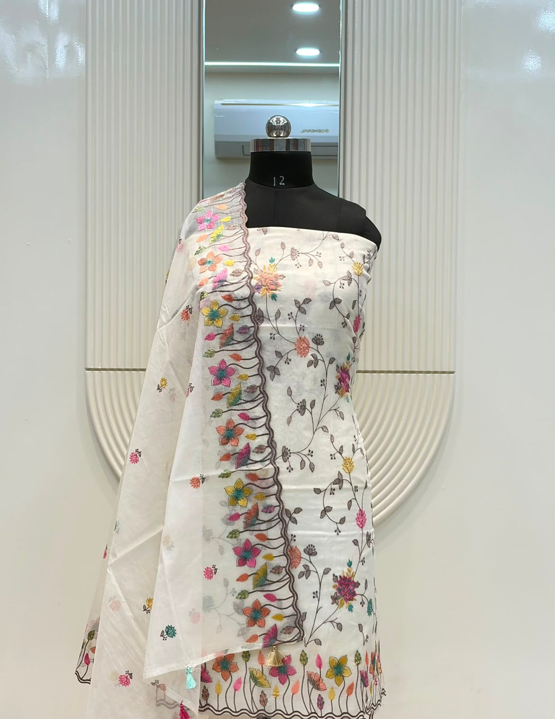 Pure Banarasi Mul Cotton Silk Embroidery Unstitched suit.