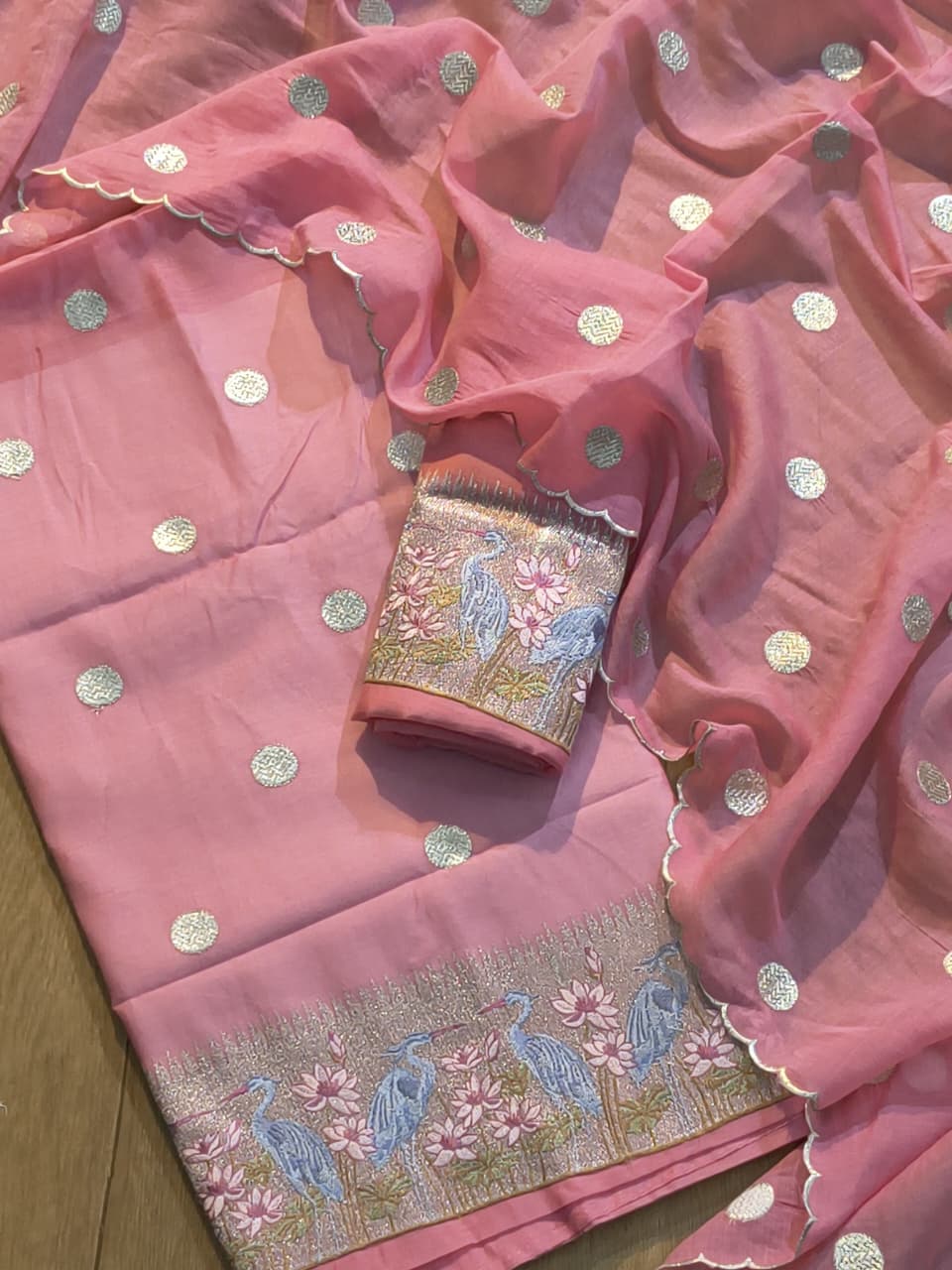 Pure Banarasi Mulmul Silk Pathni Embroidery Work Unstitched Suit.