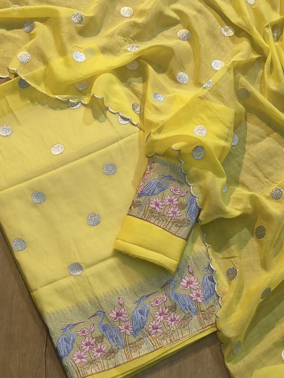 Pure Banarasi Mulmul Silk Pathni Embroidery Work Unstitched Suit.