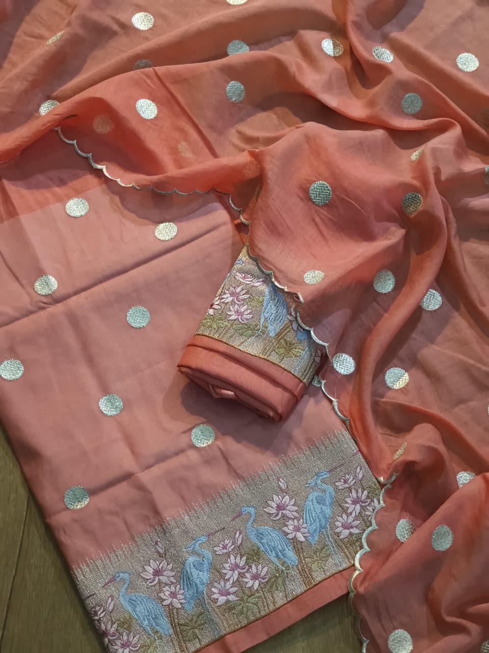 Pure Banarasi Mulmul Silk Pathni Embroidery Work Unstitched Suit.