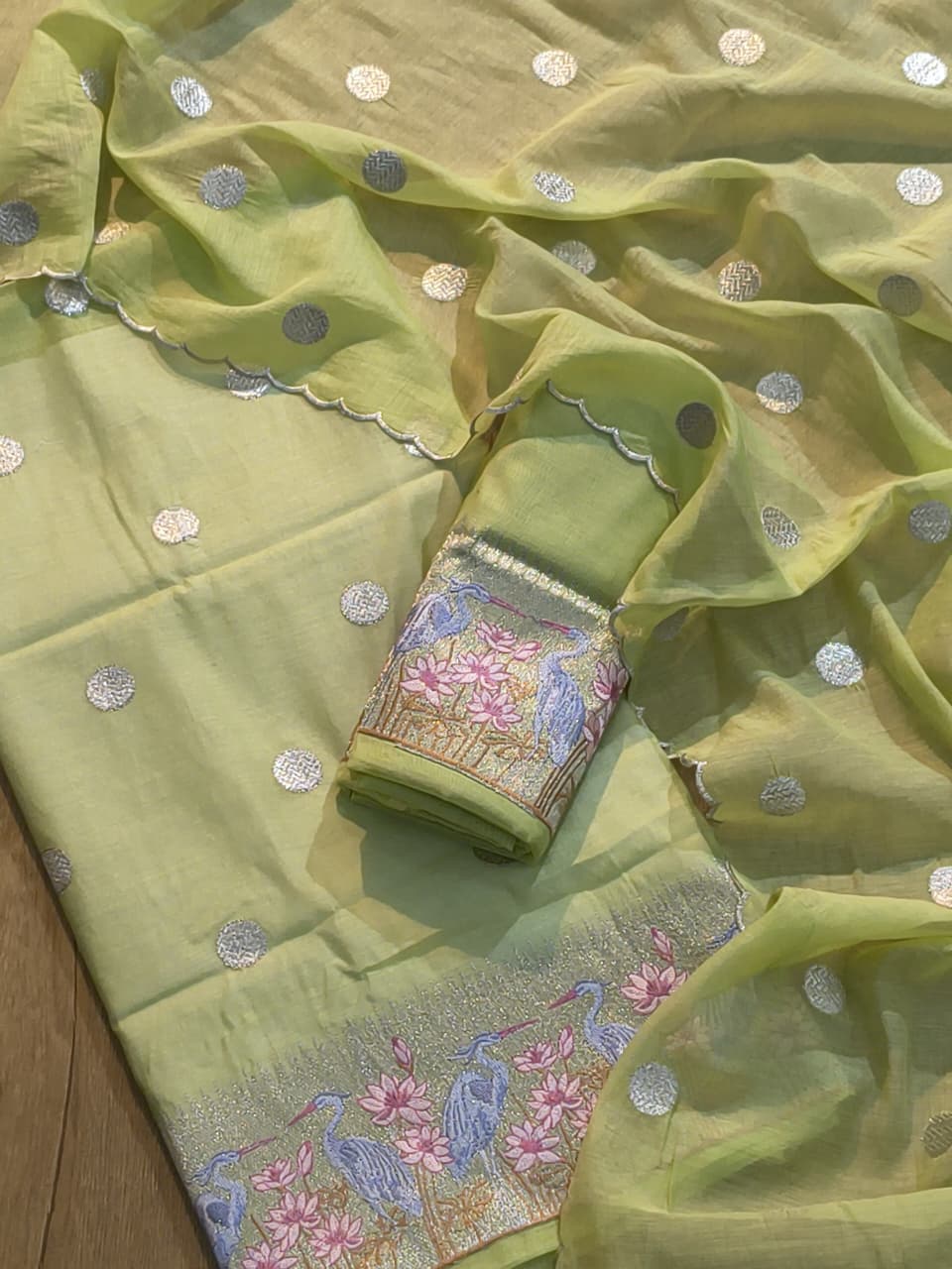 Pure Banarasi Mulmul Silk Pathni Embroidery Work Unstitched Suit.