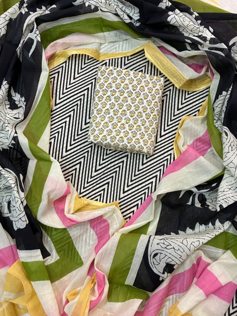 Pure Cotton Hand Block Print Unstitched Suit With Cotton Dupatta .