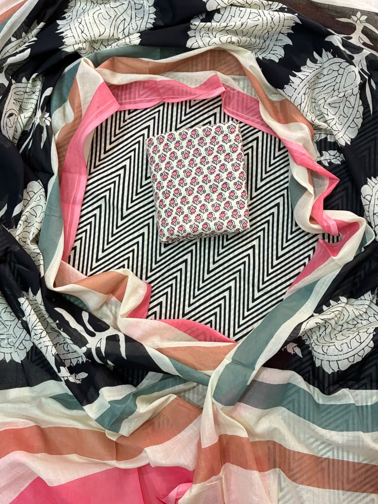 Pure Cotton Hand Block Print Unstitched Suit With Cotton Dupatta .