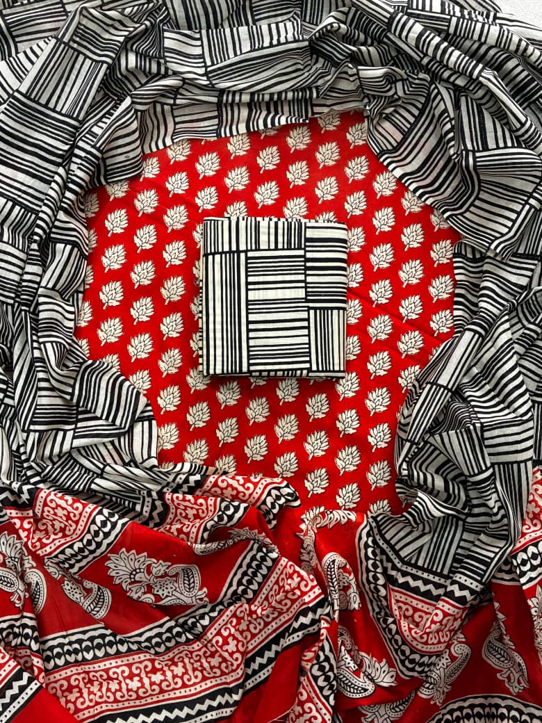 Pure Cotton Hand Block Print Unstitched Suit With Cotton Dupatta .
