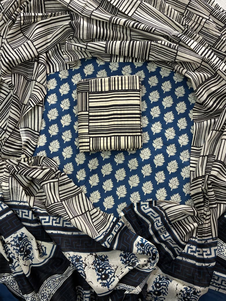 Pure Cotton Hand Block Print Unstitched Suit With Cotton Dupatta .