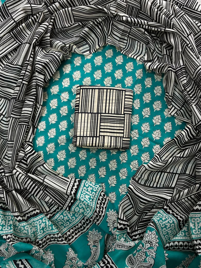 Pure Cotton Hand Block Print Unstitched Suit With Cotton Dupatta .