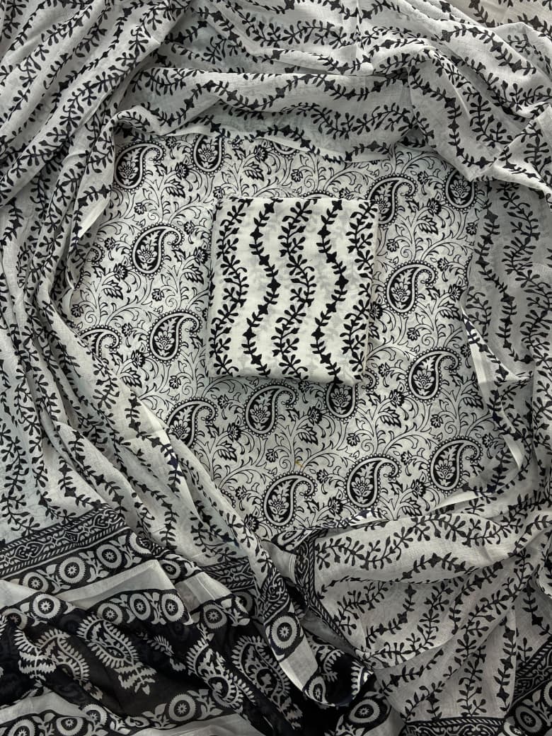 Pure Cotton Hand Block Print Unstitched Suit With Cotton Dupatta .