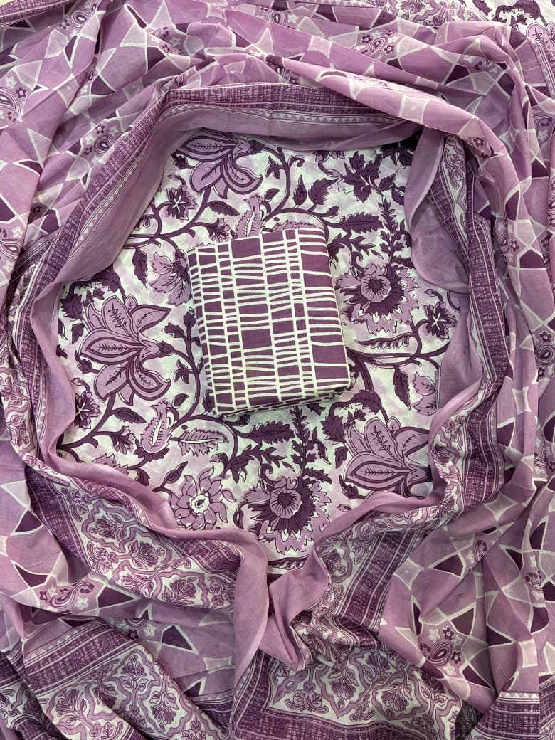 Pure Cotton Hand Block Print Unstitched Suit With Cotton Dupatta .