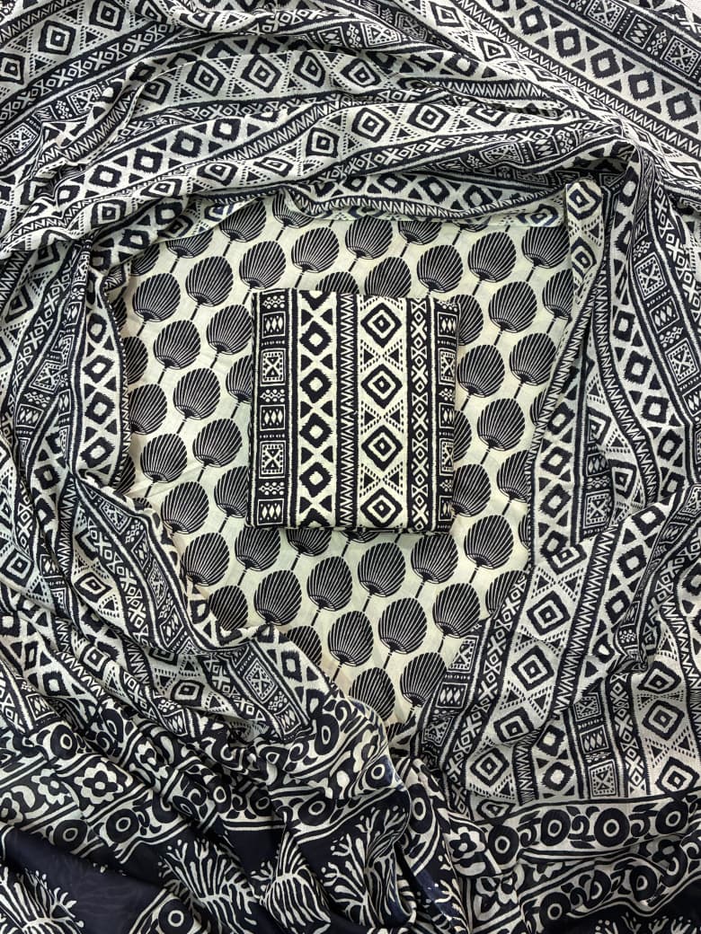 Pure Cotton Hand Block Print Unstitched Suit With Cotton Dupatta .