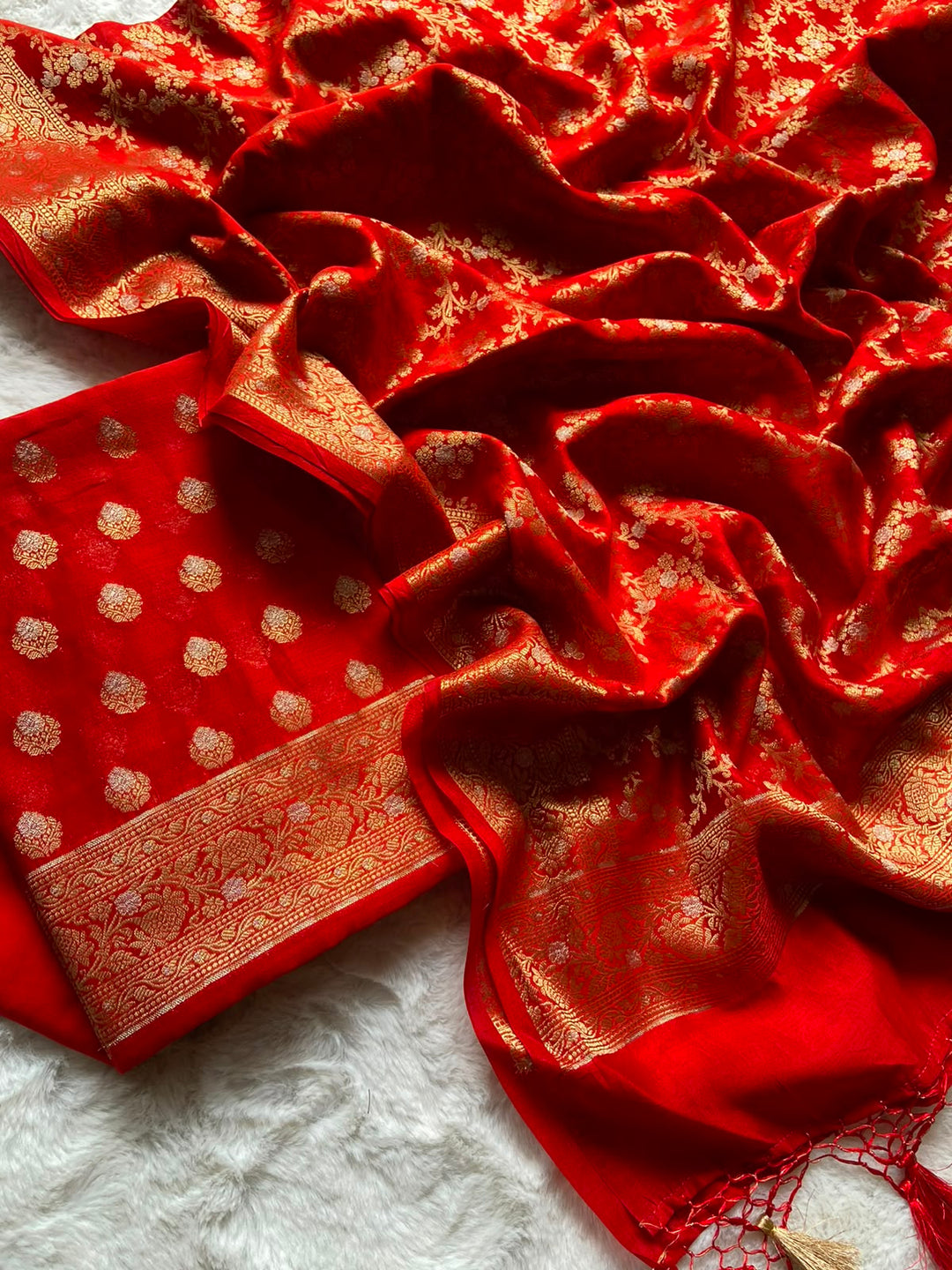 Pure Banarasi Chanderi Silk Zari Work Unstitched Suit.