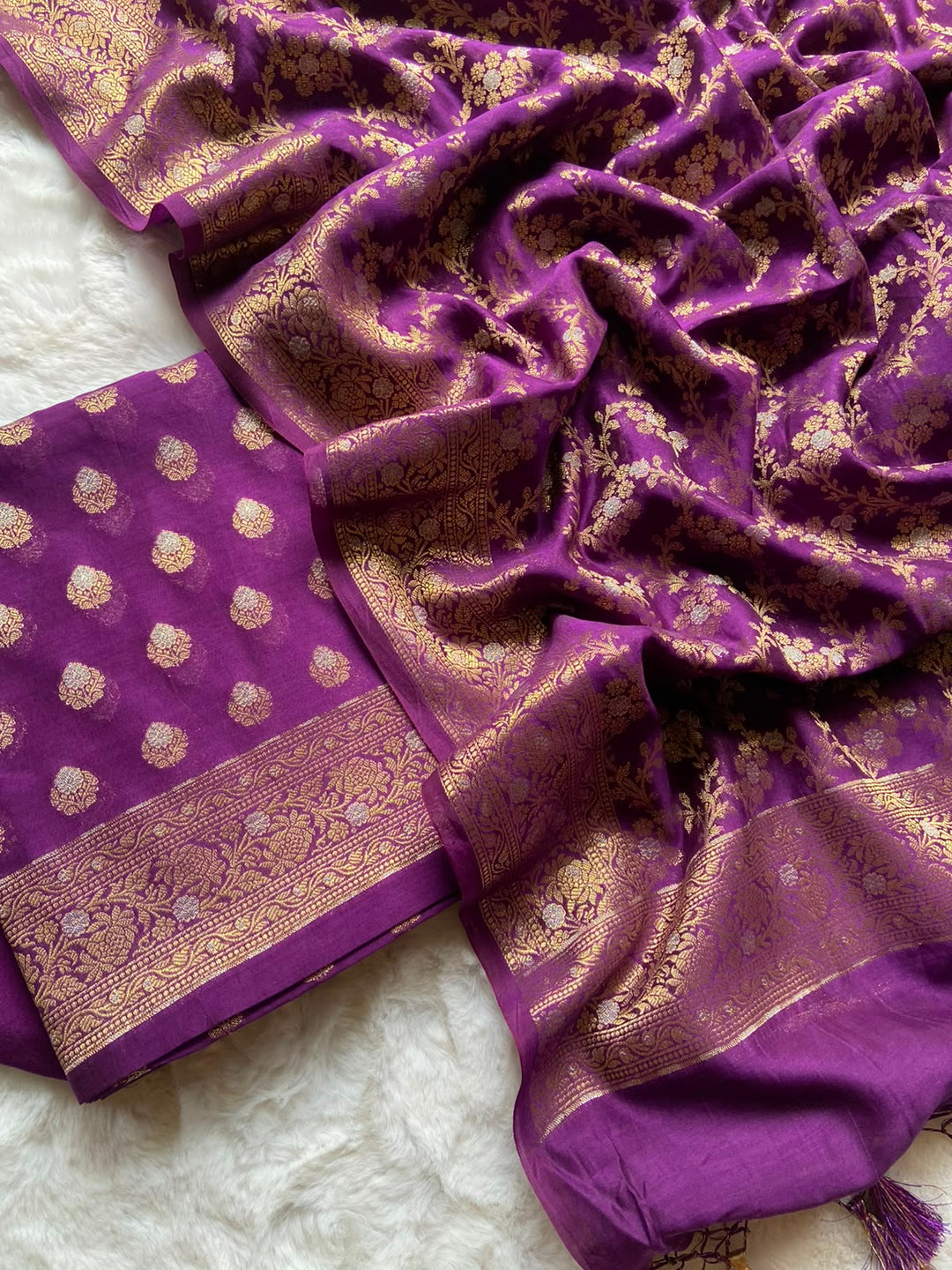 Pure Banarasi Chanderi Silk Zari Work Unstitched Suit.