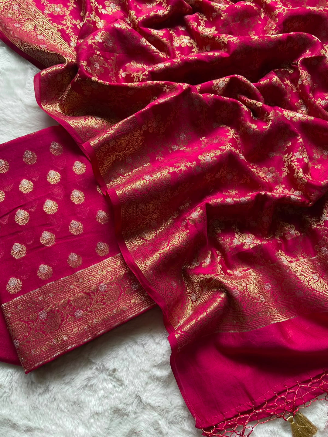 Pure Banarasi Chanderi Silk Zari Work Unstitched Suit.