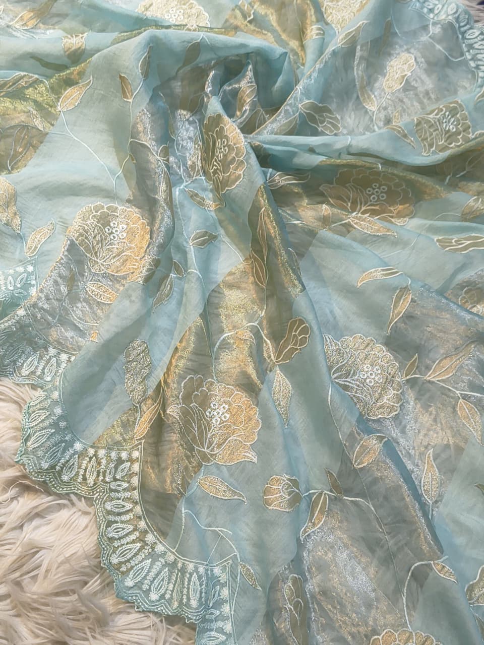 Pure Mul Chanderi Silk Sona Rupa Patta & Applique with chikankari Jaal Work Unstitched Suit