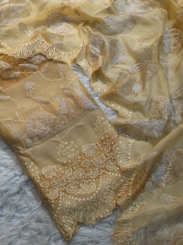 Pure Mul Chanderi Silk Sona Rupa Patta & Applique with chikankari Jaal Work Unstitched Suit