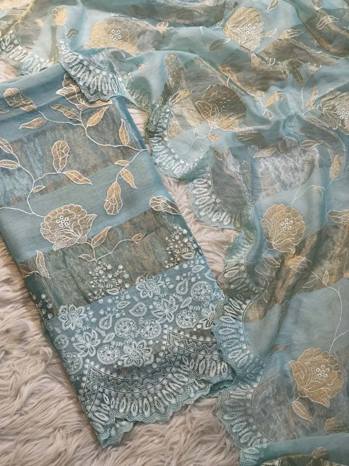 Pure Mul Chanderi Silk Sona Rupa Patta & Applique with chikankari Jaal Work Unstitched Suit