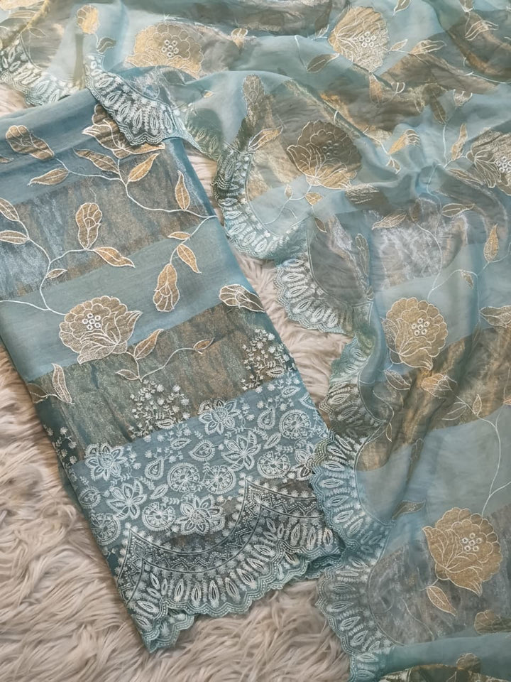 Pure Mul Chanderi Silk Sona Rupa Patta & Applique with chikankari Jaal Work Unstitched Suit