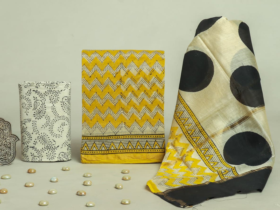 Pure Hand Block Chanderi Silk Unstitchd Suit .