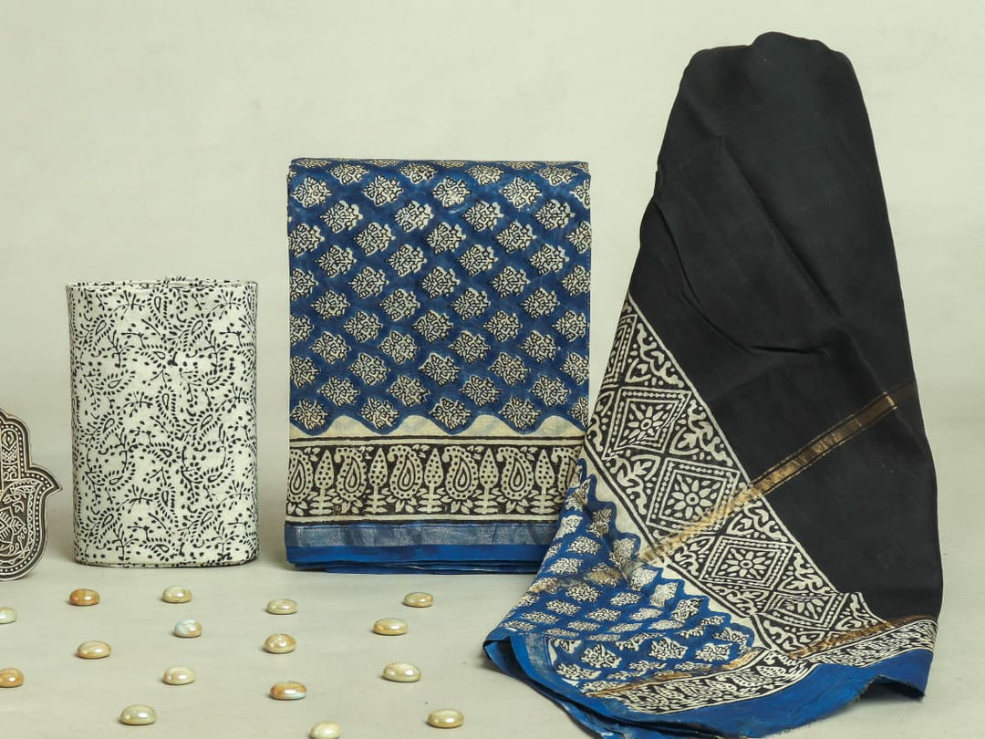 Pure Hand Block Chanderi Silk Unstitchd Suit .