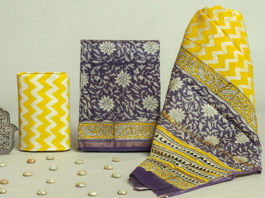 Pure Hand Block Chanderi Silk Unstitchd Suit .