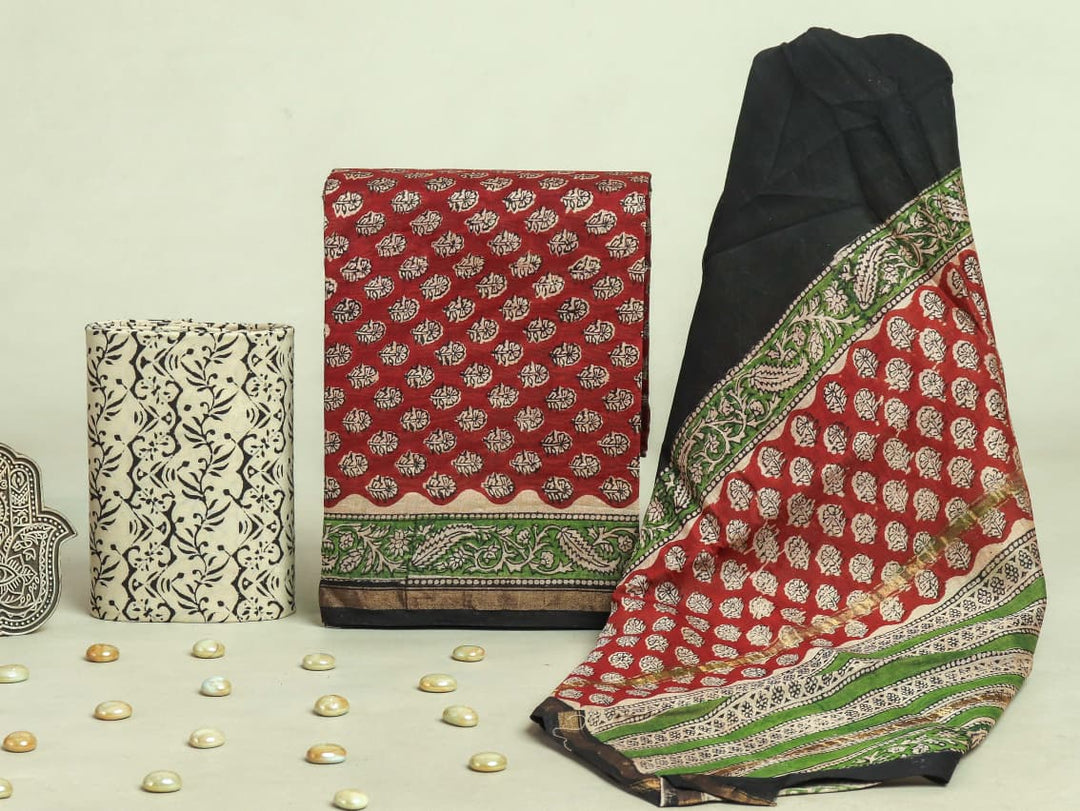Pure Hand Block Chanderi Silk Unstitchd Suit .