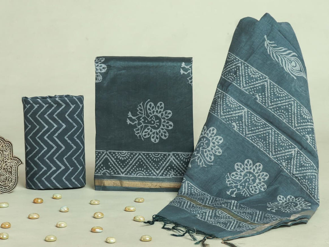 Pure Hand Block Chanderi Silk Unstitchd Suit .