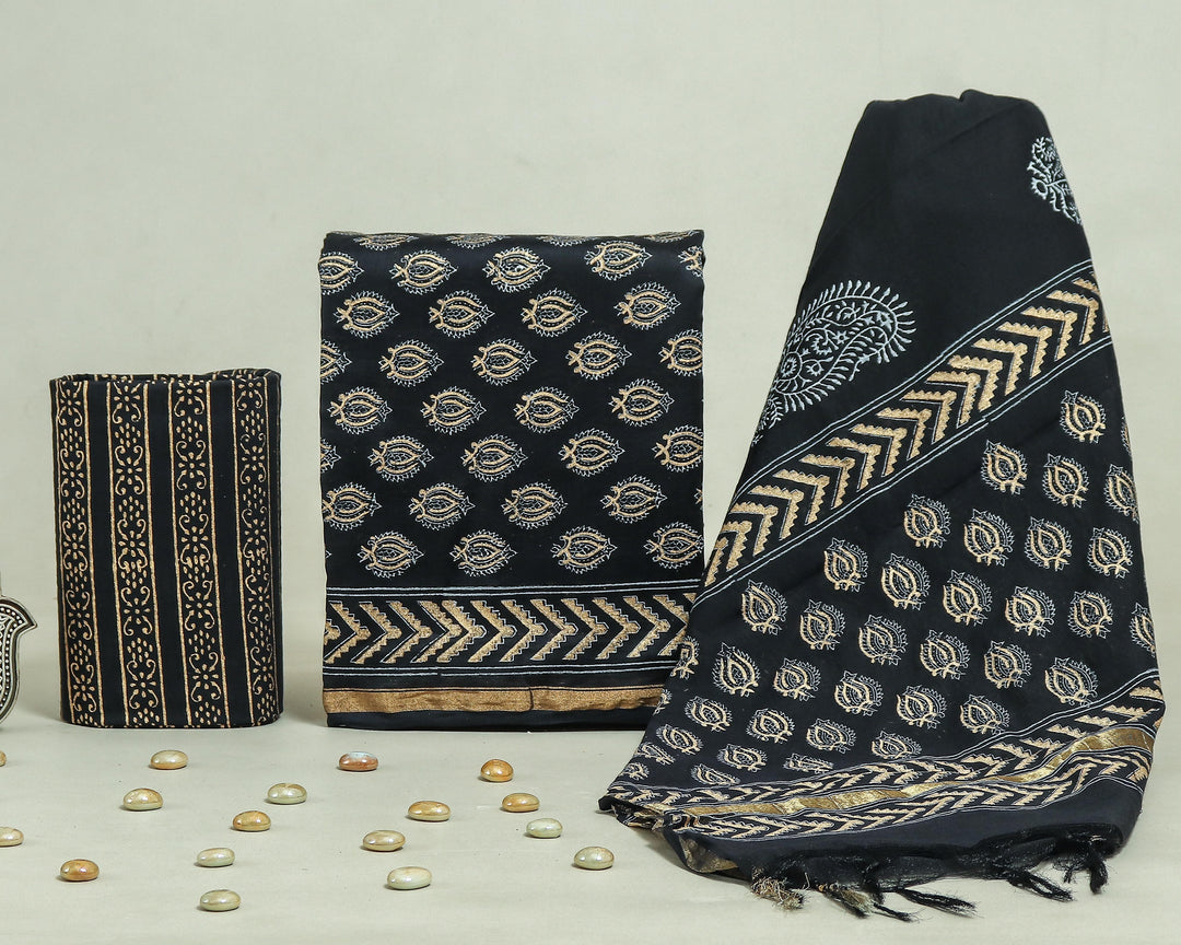Pure Hand Block Chanderi Silk Unstitchd Suit .