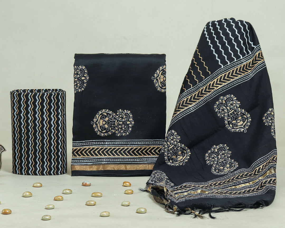 Pure Hand Block Chanderi Silk Unstitchd Suit .