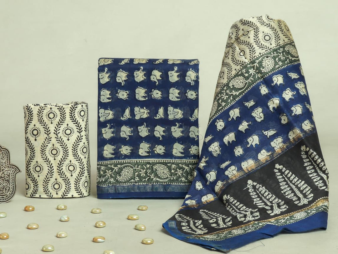 Pure Hand Block Chanderi Silk Unstitchd Suit .