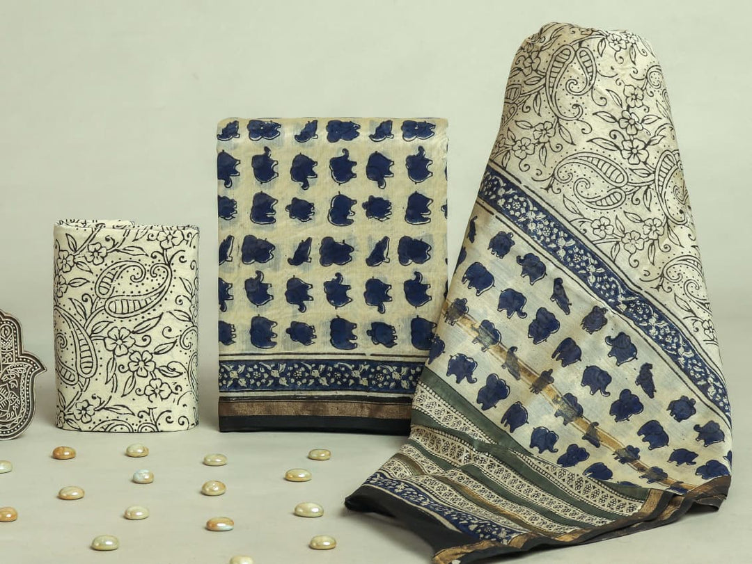 Pure Hand Block Chanderi Silk Unstitchd Suit .