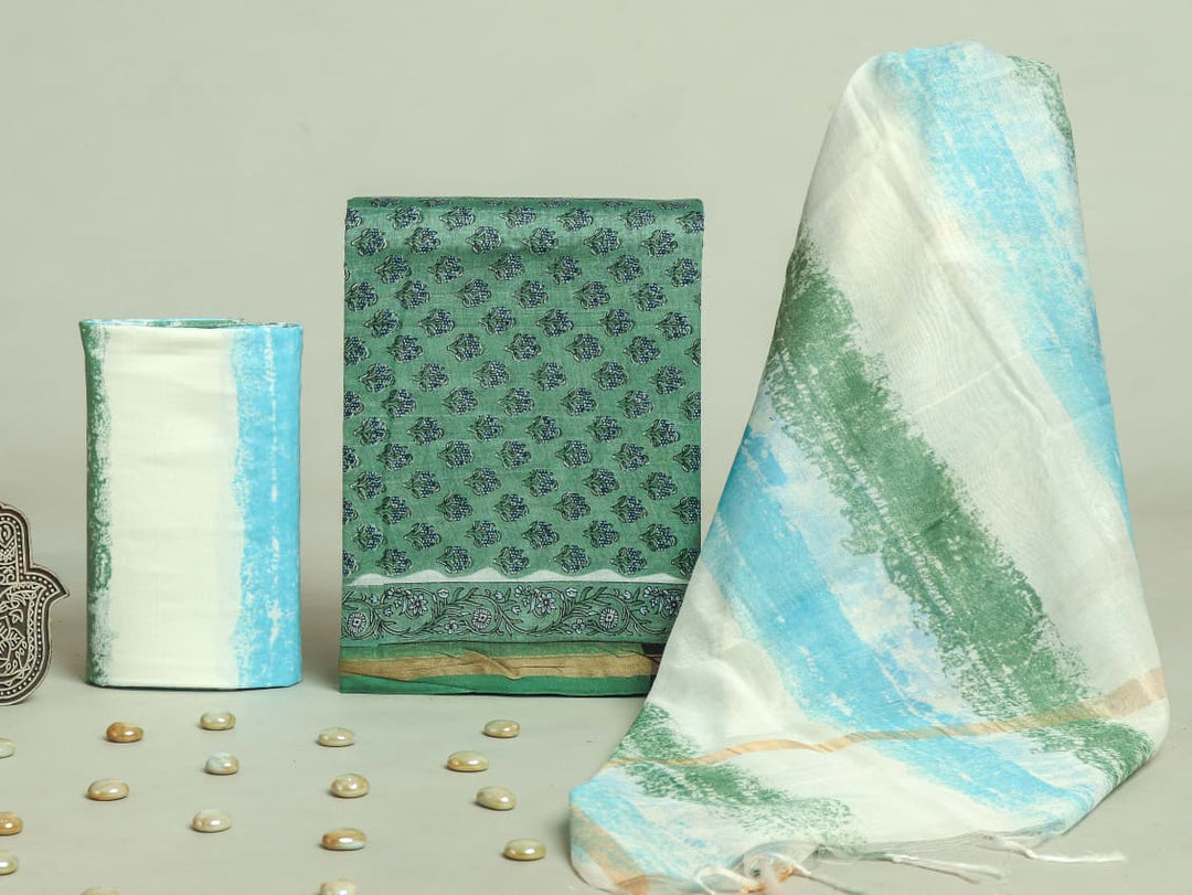Pure Hand Block Chanderi Silk Unstitchd Suit .