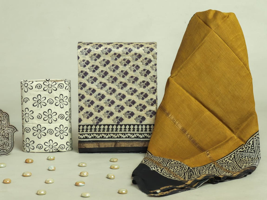 Pure Hand Block Chanderi Silk Unstitchd Suit .