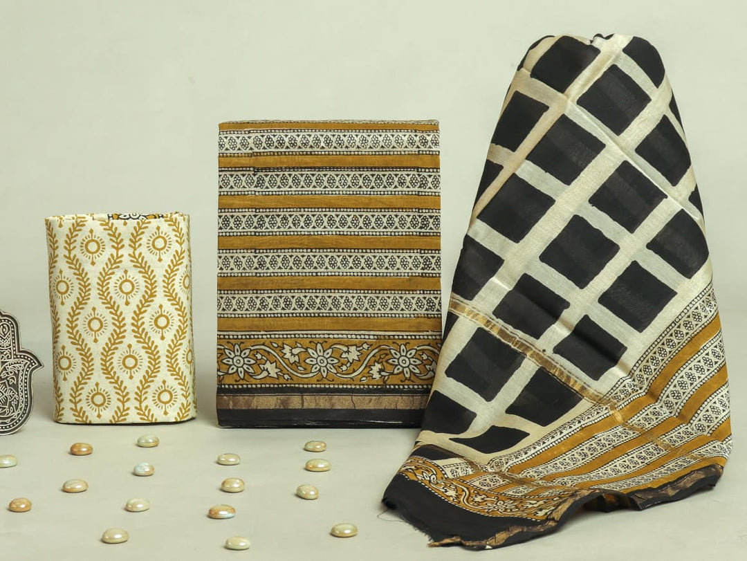 Pure Hand Block Chanderi Silk Unstitchd Suit .