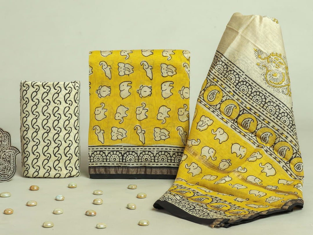 Pure Hand Block Chanderi Silk Unstitchd Suit .