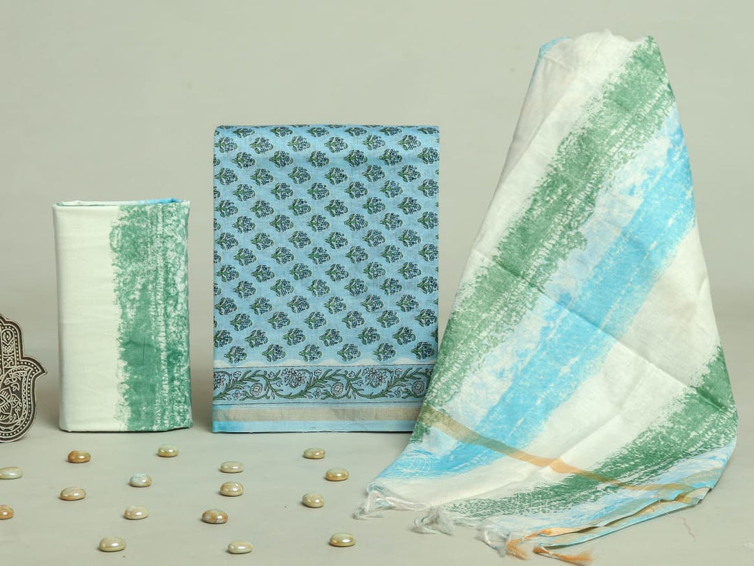 Pure Hand Block Chanderi Silk Unstitchd Suit .